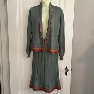 Vtg  70s/80s Venice brand green orange &‎ pink open front sweater & skirt outfit